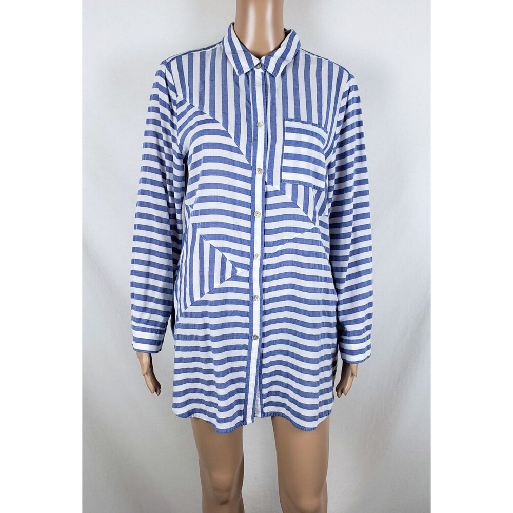 Chico's Tunic Shirt Womens M Coastal Grandmother Blue White Striped Nautical